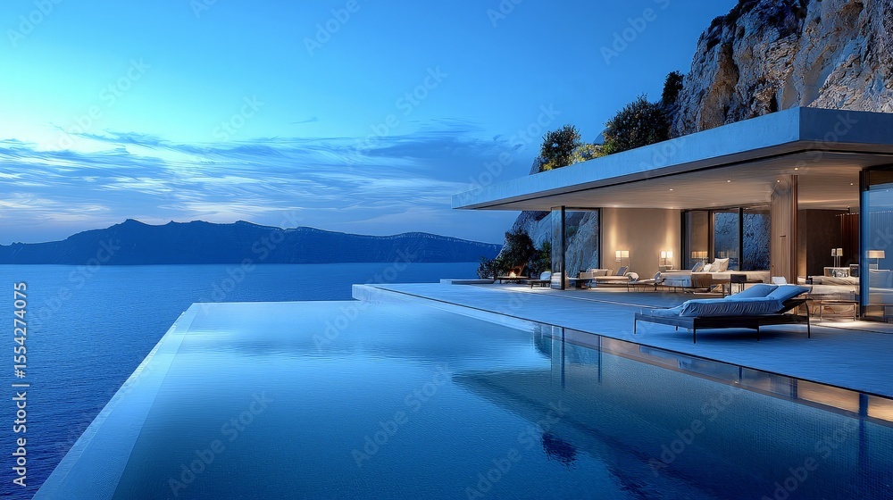Fototapeta premium Modern villa overlooking ocean with infinity pool at dusk