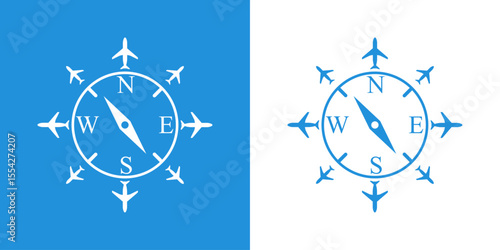 Logo de transporte aéreo. Viajes en avión. Grupo de aviones alrededor de una brújula 