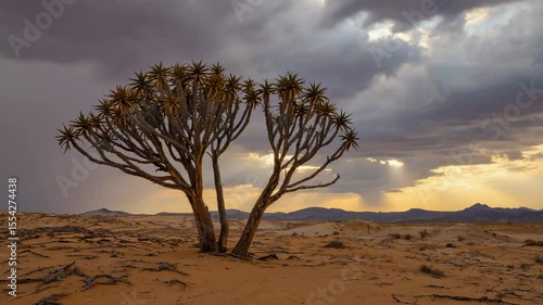 Tree at sunset in a desert landscape, calm and peaceful scene reflecting solitude and natural beauty