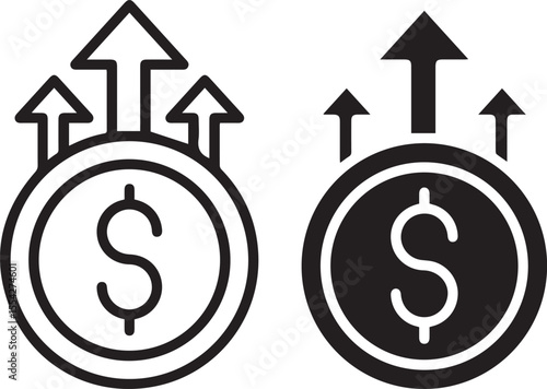 abstract monetary symbol, arrows pointing upwards, dollar sign, simple stylized icons, black and white