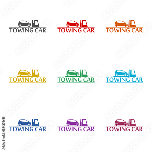 Towing truck with car icon isolated on white background. Set icons colorful