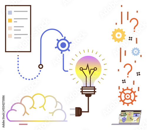 Flowchart with gears, light bulb, a cloud, laptop, and question marks symbolizing innovation, idea generation, problem-solving, technology teamwork planning and creative thinking. Ideal