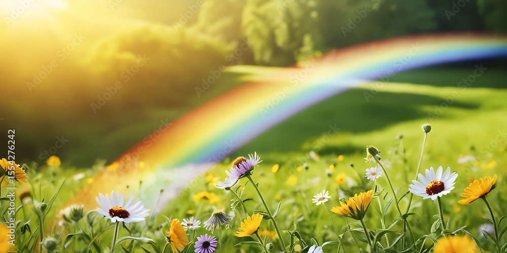 Naklejka premium Rainbow Over Sunlit Wildflower Meadow