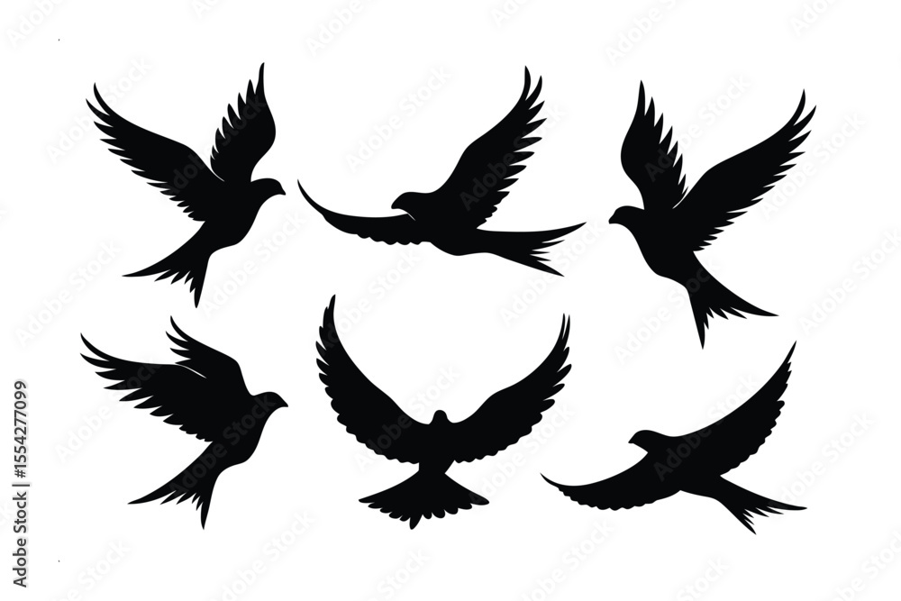 Obraz premium Silhouette Birds in Flight: A striking black silhouette of several birds in flight, captured against a clear backdrop, perfect for design. The birds appear to be soaring effortlessly through the air.