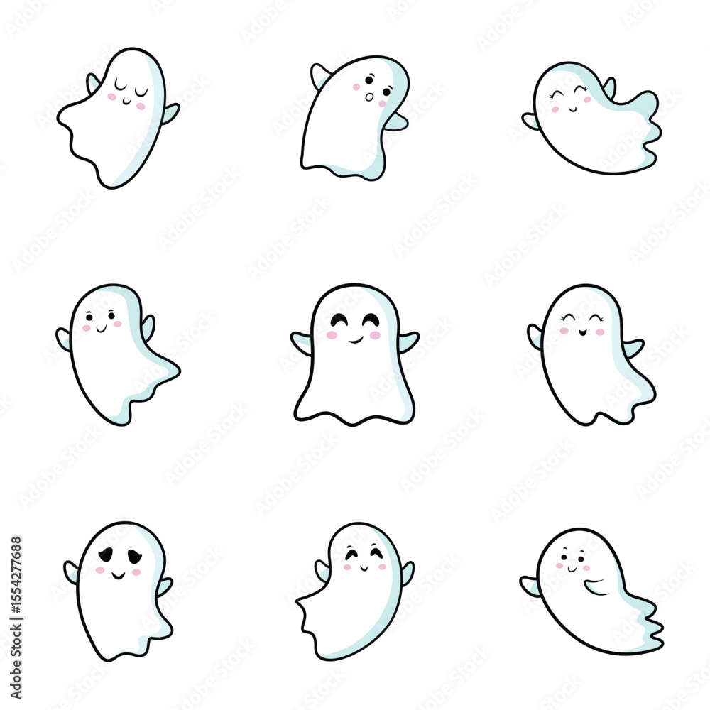 Fototapeta premium Vector illustration of charming cartoon ghost characters expressing various emotions and actions, ideal for Halloween, themed decorations, and creative graphic projects.