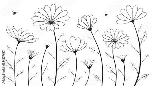 Elegant black and white floral design with delicate petals and leaves silhouette