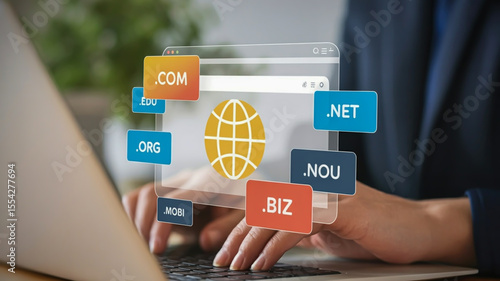 A digital illustration of a website domain name concept with a laptop keyboard in the background