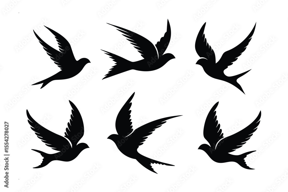Obraz premium A Swarm of Freedom: A series of sleek black birds soar against the sky, their silhouettes a dance of graceful flight. Witness the magic of effortless movement and the essence of absolute freedom