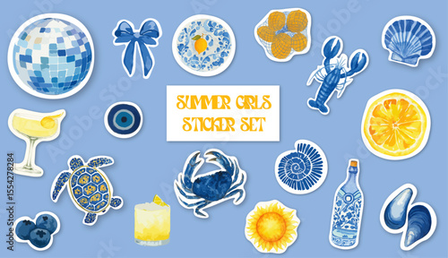 GIRLY SUMMER STICKERS - AESTHETIC BLUE AND YELLOW STICKERS OF SUMMER ELEMENTS - MAMMA MIA SPIRIT