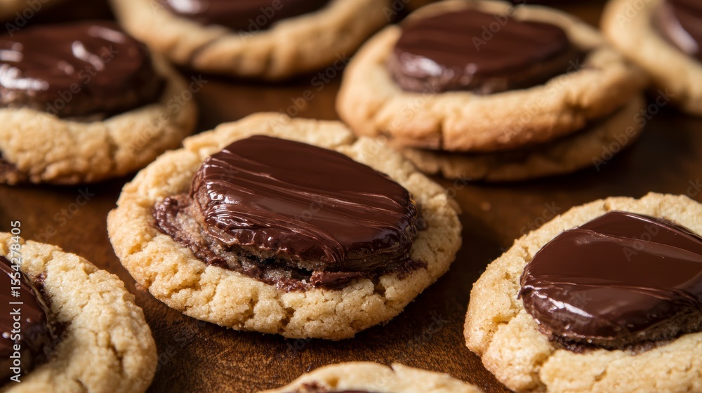 Close-up of many delicious chocolate-topped peanut butter cookies on a wooden surface. Close-up of many delicious chocolate-topped peanut butter cookies on a wooden surface.