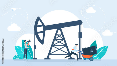 Oil industry. Energy source industry. Oilfield exploration with derrick rig, energy and petroleum production. Tiny people control oil crude extraction, work of drilling pumpjack. Vector illustration