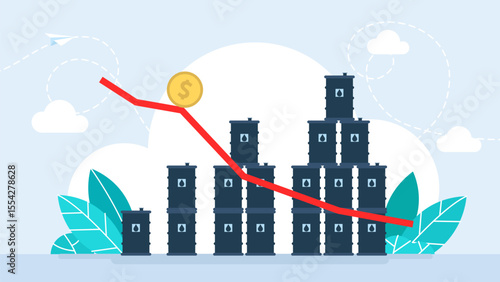 Oil price falling down graph concept banner with arrows. Business market. Oil barrel price falls down chart. Petroleum infographic. Oil market trend. Vector illustration