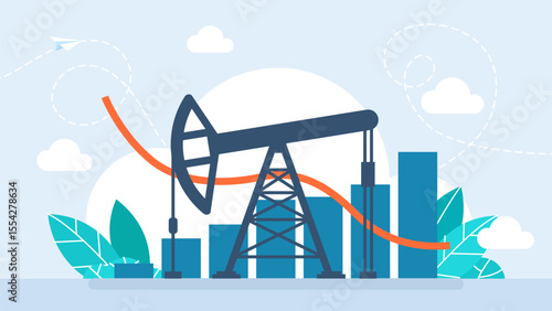 Oil rig on the background of graphs and charts. Falling price. Pumpjack on oil price chart, financial data. Land crude oil drilling rig, derrick, pump jack. Price per barrel. Vector illustration