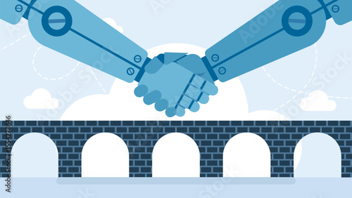 Robot handshake connecting. Robots shake hands on the background of a bridge. Robot handshake connecting with modern technology. Cooperation concept of technology for business. Vector illustration