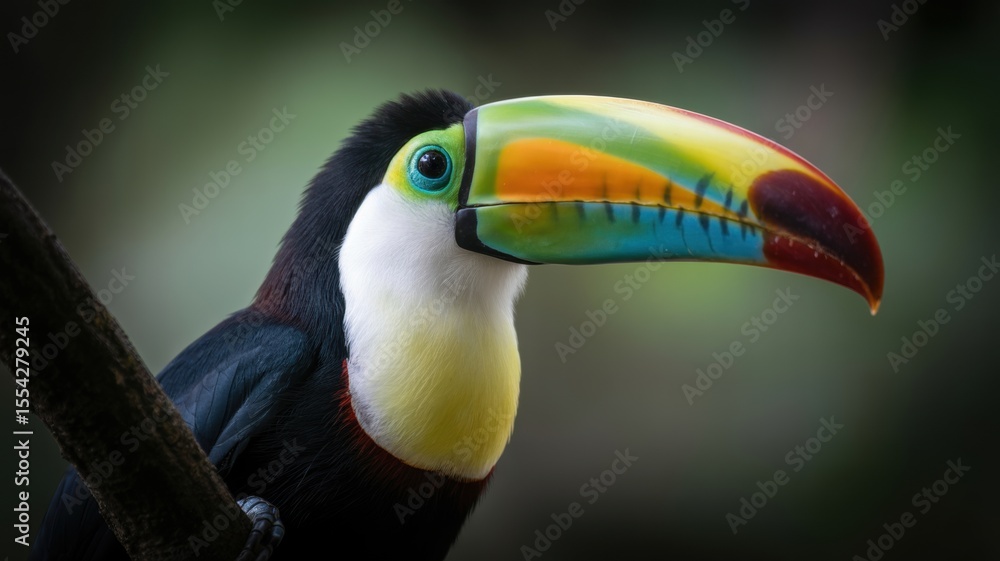 Fototapeta premium Colorful toucan perched on branch in lush greenery