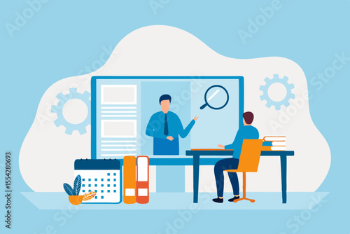 Student learning online from a teacher on a computer screen with books and calendar