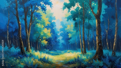 A vibrant forest path with blue and green trees leading to a bright clearing in the distance