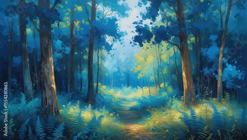 A painted forest scene with tall trees and a path leading into the distance with blue and yellow hues