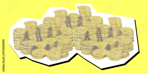 Pile of gold coin dotted collage element in a torn paper vector, created with pointillism. A dynamic, artistic depiction for wealth, finance, treasure, or investment concepts with a rich