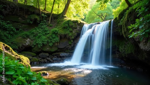 Serene waterfall cascading over moss-covered rocks, sunlight dappling through lush green foliage A tranquil scene of untamed natural beauty , leaves, untouched