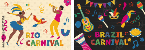 Modern poster collection for Brazil carnival. Trendy banner set with dancing woman, musician, carnival elements.
