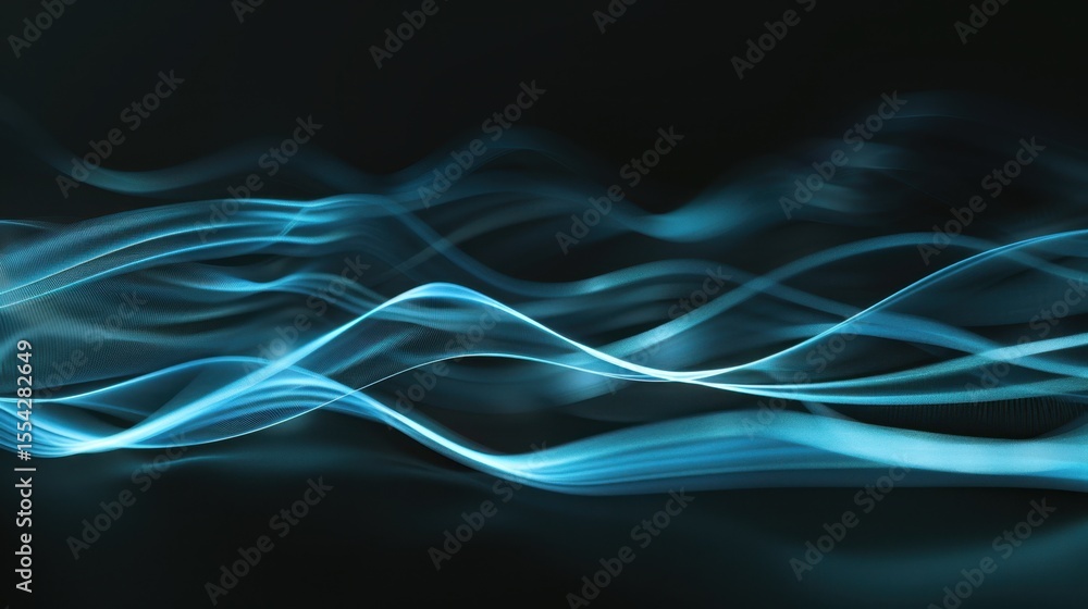 Naklejka premium Cold cyan digital waves on black, harmonic flowing lines with soft light glow, modern abstract tech-style backdrop 