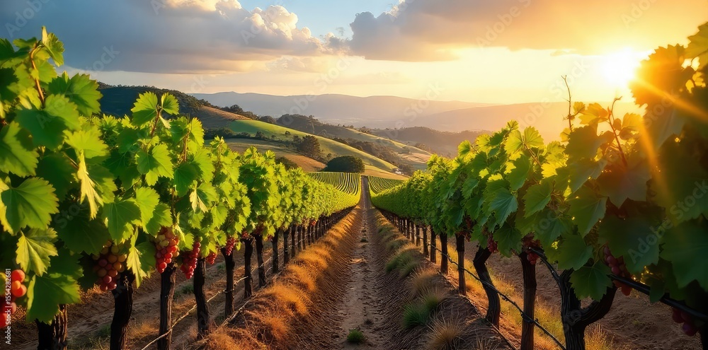 Fototapeta premium Sun-drenched vineyards rolling across the California hillsides, ripe grapes hanging heavy on the vines, ready for harvest A picturesque scene of California wine country , scenic, bright, pinot noir