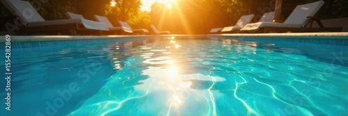 Sunlight warms a sun-drenched swimming pool  inviting a refreshing dip on a hot summer s day Perfect for summer vacation  relaxation  and carefree vibes   tropical  vacation  sunbathing