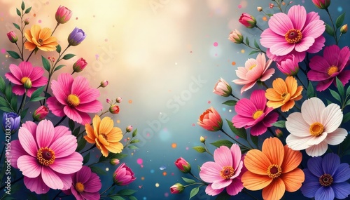 Vibrant floral background featuring a profusion of colorful blooms in full bloom, perfect for invitations, websites, or any project needing a touch of nature's beauty , insects, spring