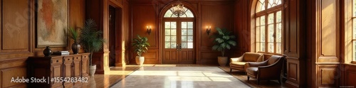 Warm, inviting foyer with rich wood paneling and natural light streaming through a nearby window Elegant architectural details enhance the space's sophisticated atmosphere , natural light, window