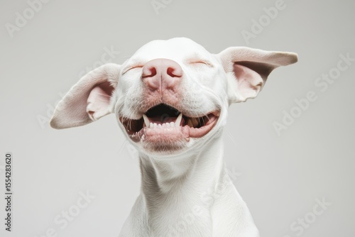 Joyful white dog with big smile and floppy ears on plain background