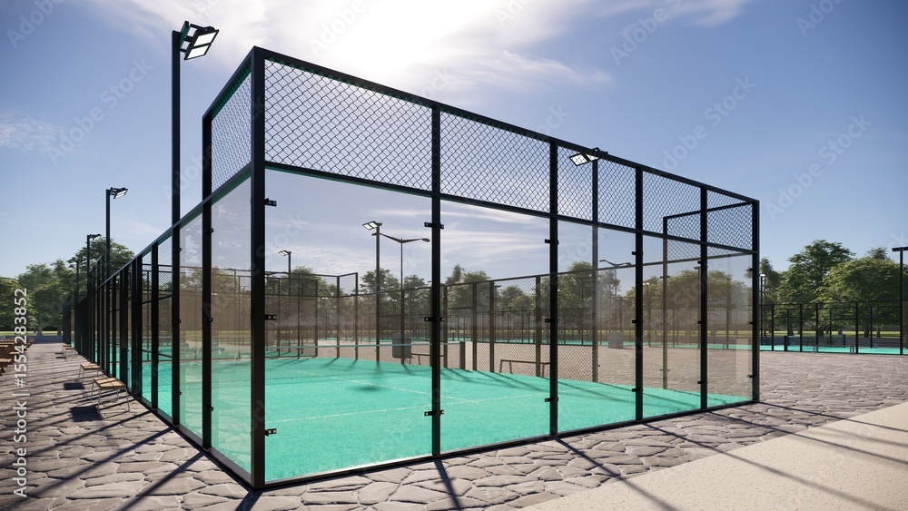 Obraz premium empty outdoor padel tennis courts with turquoise flooring back view