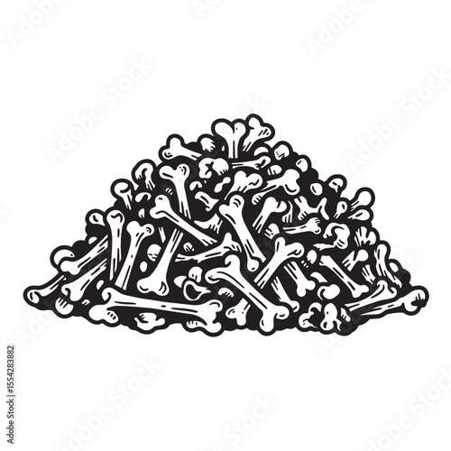 A pile of skulls and bones black and white cartoon vintage art silhouette