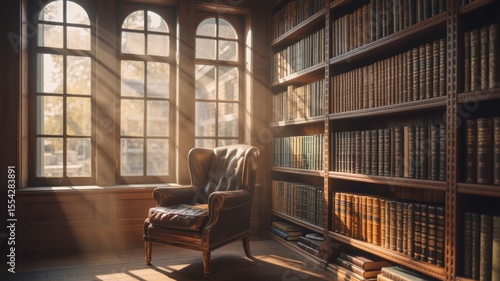 Wallpaper Mural Sunlit elegant library study room with leather armchair and antique bookshelves Torontodigital.ca