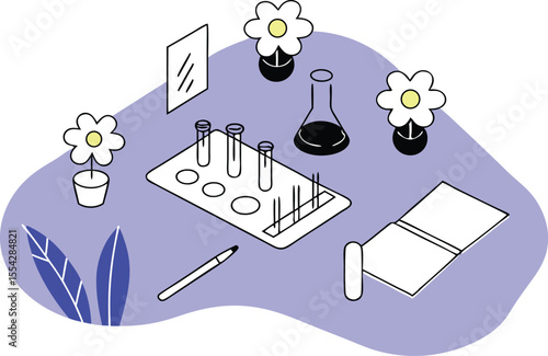Top-down view of a chemistry workbench covered in test tubes, vector notes, and blooming cartoon flowers
