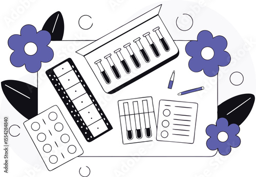 Top-down view of a chemistry workbench covered in test tubes, vector notes, and blooming cartoon flowers