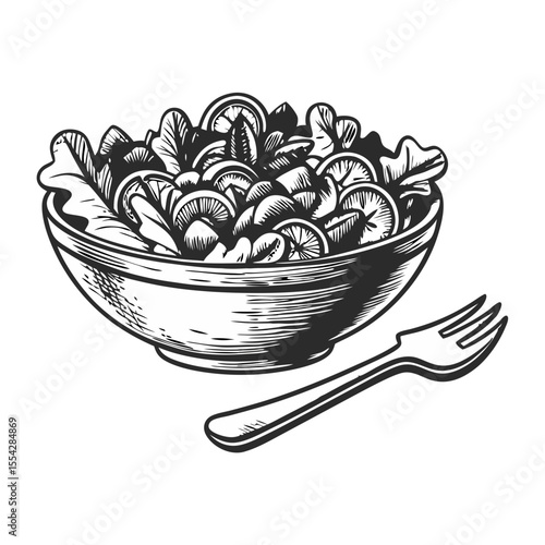 Salad bowl and fork etching. Fresh salad in wooden bowl with fork.  Delicious salad ingredients: lettuce, tomatoes, and citrus.