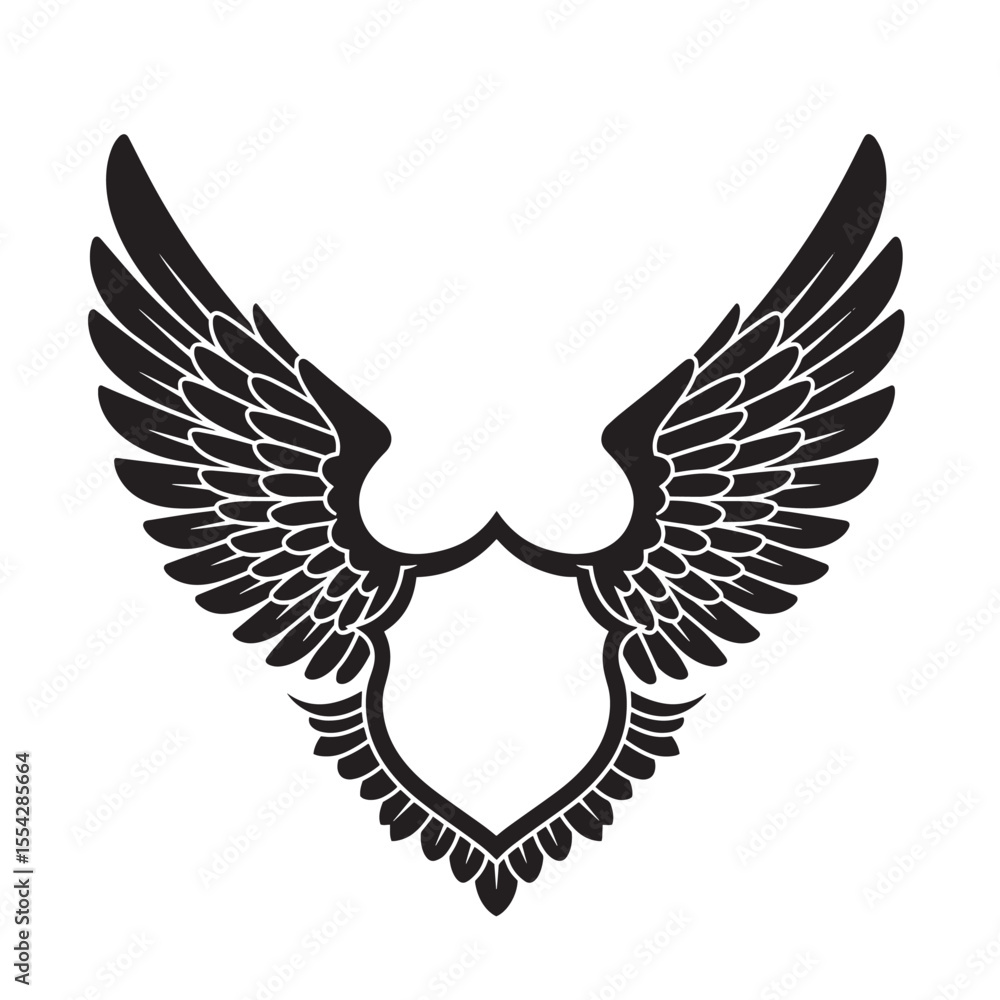 Fototapeta premium Classic wings and shield design a black and white vintage art silhouette emblem illustration