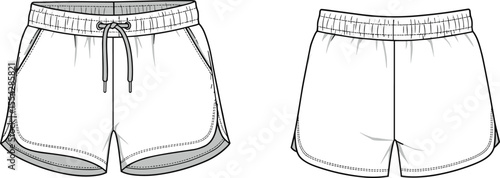 Technical flat sketch of women's athletic running shorts with drawstring waistband, side pockets, curved hem, front and back views, outline illustration