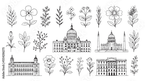 Collection of botanical elements and architectural landmarks in a hand drawn silhouette style