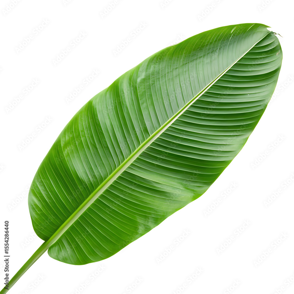 A single large, glossy green banana leaf with detailed veins, a tropical plant element isolated on a transparent background png A single large, glossy green banana leaf with detailed veins, a tropical plant element isolated on a transparent background png
