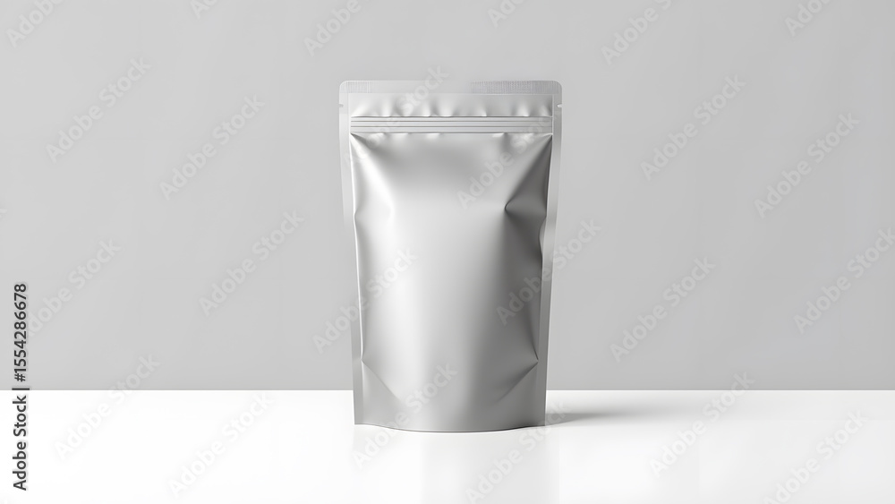 Product Packaging Mockup: A sleek, modern silver pouch, a versatile packaging option, perfect for showcasing product branding. Its clean design and simple composition. Product Packaging Mockup: A sleek, modern silver pouch, a versatile packaging option, perfect for showcasing product branding. Its clean design and simple composition.