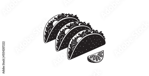 Three delicious tacos with a lime slice silhouette
