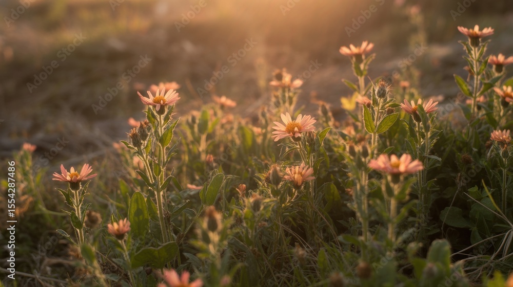 Obraz premium Warm sunset illuminating wildflowers in a tranquil meadow landscape