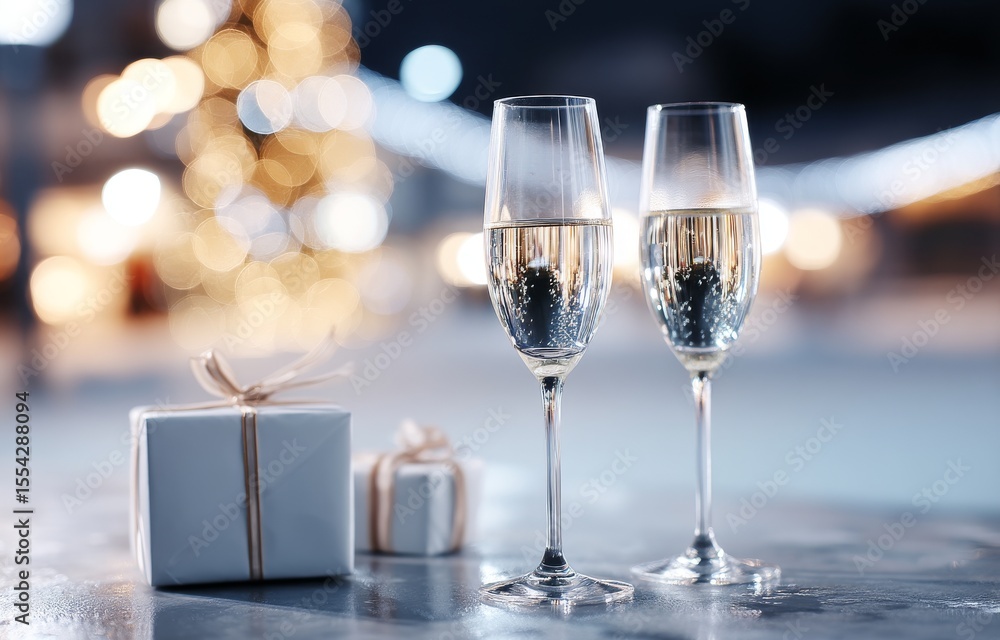 In front of a blurred, festive background of warm golden lights, two gift boxes adorned with ribbon and bows are accompanied by two champagne flutes filled with sparkling liquid In front of a blurred, festive background of warm golden lights, two gift boxes adorned with ribbon and bows are accompanied by two champagne flutes filled with sparkling liquid