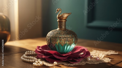 Fototapeta Naklejka Na Ścianę i Meble -  Elegant perfume bottle with golden swan on wooden table surrounded by pearls and lace