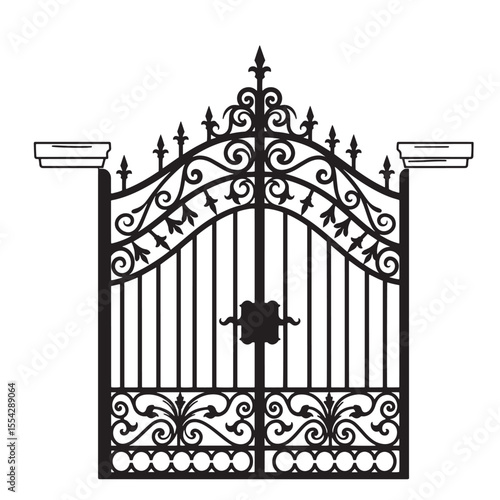 Elegant black vintage art silhouette of an ornate wrought iron gate on white background