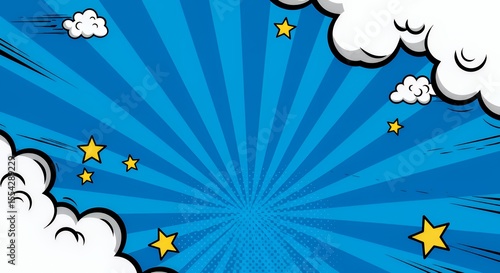 Dynamic Comic Book Style Background with Stars and Clouds:  A Vibrant Blue Pop Art Design