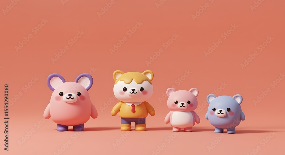 Fototapeta premium 3d cute cartoon, cartoon characters in soft colors against a vivid coral background under high noon, subject positioned at the top with clear copy space at the bottom, creating a cheerful atmosphere.