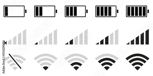 Minimal Battery, WiFi, and Mobile Network Icon Set for UI and App Interfaces – Vector Illustration